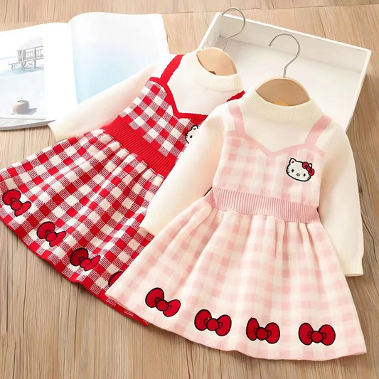 Girls Woolen Dress 2025 Winter New Little Girl Fashionable Fake Two Piece Cartoon Embroidery Long Sleeve Checkered Knitted Skirt