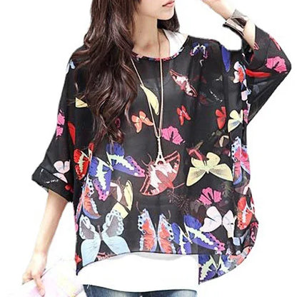 BHflutter 4XL 5XL 6XL Plus Size Blouse Shirt Women New Striped Print Summer Tops Tees Batwing Sleeve Casual Chiffon Blouses 2025