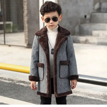 2025 Children Casual Woolen Coat Fall Winter Boys Handsome Plush Velvet Heavy Outerwear Clothes Kids Splicing Pocket Trench Coat