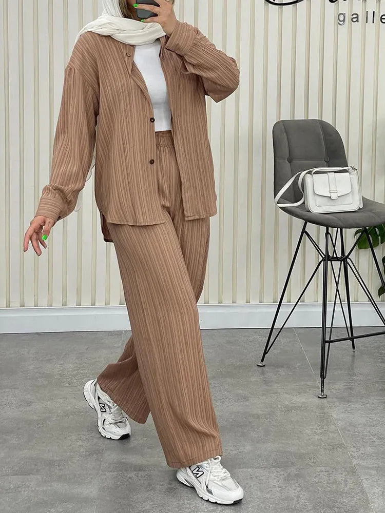 Loose 2 Pieces Set Women Outfit Shirt And Pants Set Chiffon Straight Full Pants Office Sets For Women Oversized Shirts Suits