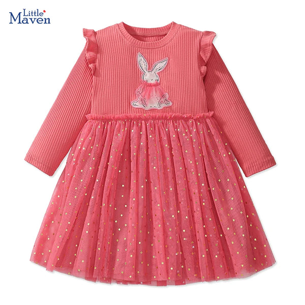 Little maven Baby Girls Kids Clothes Children's Clothing 2025 Autumn Cotton Cartoon Long Sleeves Rabbits Mesh Dresses 2-7 year