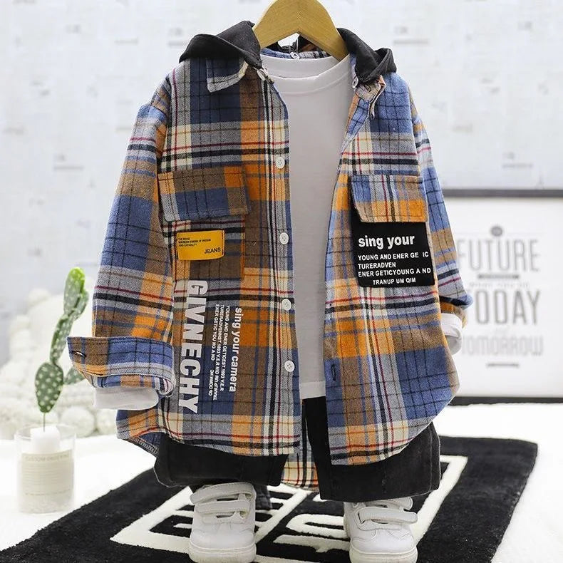 2-16Year Autumn Winter Fashion Kids Boys Long Sleeve Plaid Shirts Thick Wool Tops Kids Children Cotton Blouse Casual Clothes