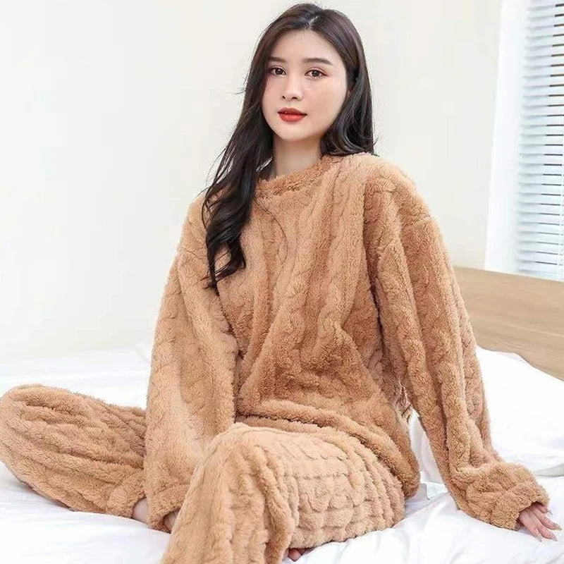 Autumn Women Solid Warm 2 Piece Sets Thicken Velvet Ribbed Fleece Set Pullover And Pants Women Casual