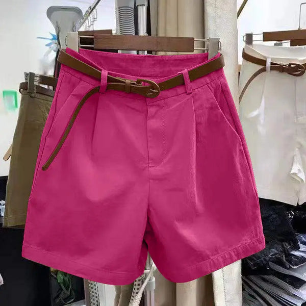 New Cotton Shorts for Women Summer Korean Loose Casual Wide Leg Short with Belt Female Solid Color Rose Red Women's Short Pants