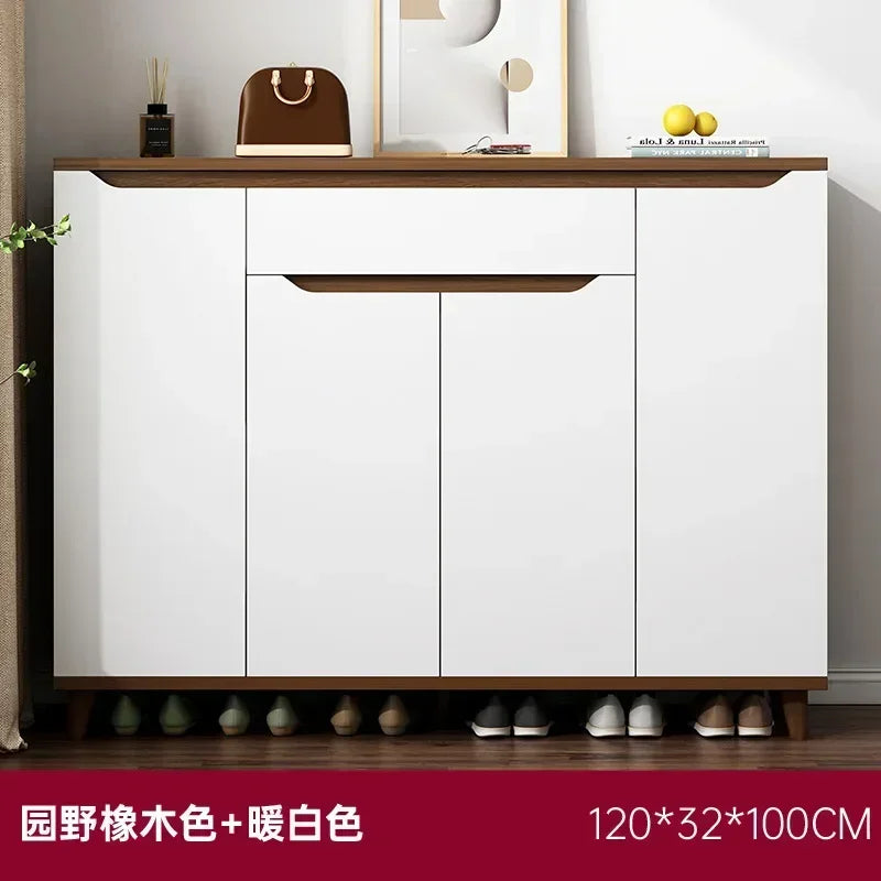 Modern Shoe Storage Cabinet Open Compartments, Free Standing Shoe Rack 4 Doors Large Storage Closet Sideboard Shoe Cabinet