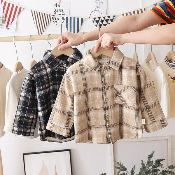 Fashion Boys Shirt New Plaid Style Kids Long Sleeve Shirts Children's Cotton Clothes Kids Boy Girls Thicken Blouses Velvet Tops