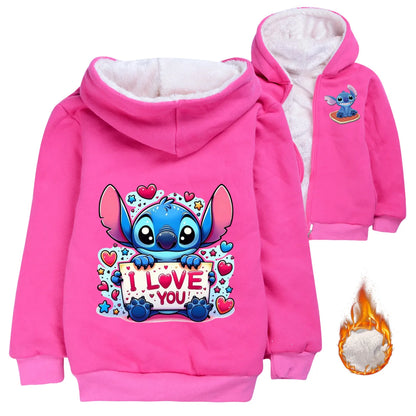 Kid Baby Boy Girl Coat Autumn Winter Long Sleeve Plush Hoodies Cartoon Stitch Print Children Sweatshirt Clothes Thick Top Outfit