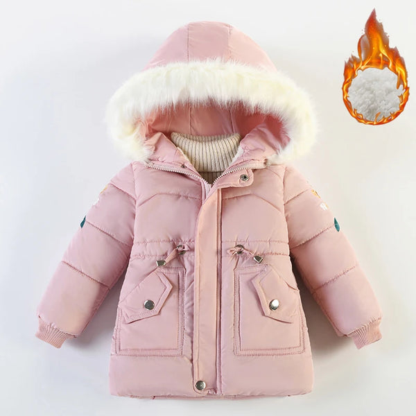 3-6 Years Winter Girls Jackets Fur Collar Fashion Little Princess Coat Warm Hooded Zipper Outerwear Birthday Gift Kids Clothes