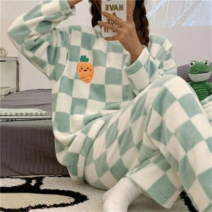 Autumn Winter Kawaii Cartoon Pajama Sets Women Pyjamas Plaid Flannel Loung Sleepwear Girl Pijama Night Suits Homewear PJ Suit