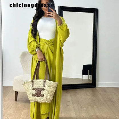 Autumn Winter Fashion Two Piece Set Muslim Women Elegant Solid Long Cardigan Twisted Skirt Two Piece Set