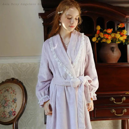 Thickened Flannel Robe Nightgown Women's Autumn Winter Princess Long Bathrobe French Luxury Warm Homewear Bride's Morning Gown