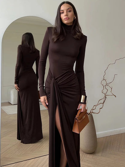 Mozision Turtleneck Thigh High Split Sexy Maxi Dress For Women Fashion Long Sleeve Draped Bandage Bodycon Club Long Dress