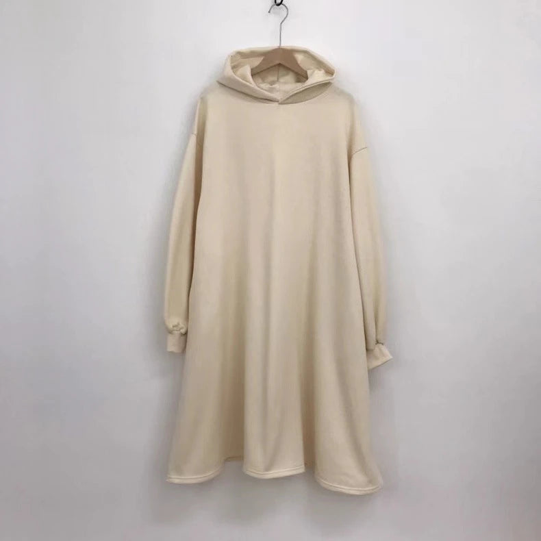 Korean split hoodet for women, gray dress, simple laser style, drawn string hoods, long arm length, autumn and winter