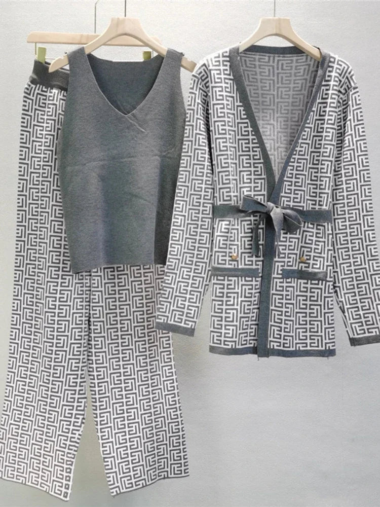 Winter Women Knitted 3 Pieces Set Muslim Casual Thicken Jacket Sweater Coat +Knitted Top +pant 3PCS Suit Warm Set