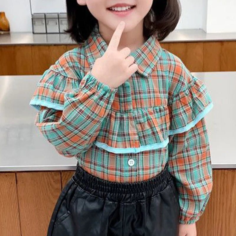 Spring Autumn New Plaid Harajuku Kawaii Girls Blusa Fashion Blouse All Match Chic Children's Shirt Flounce Long Sleeve Kids Tops