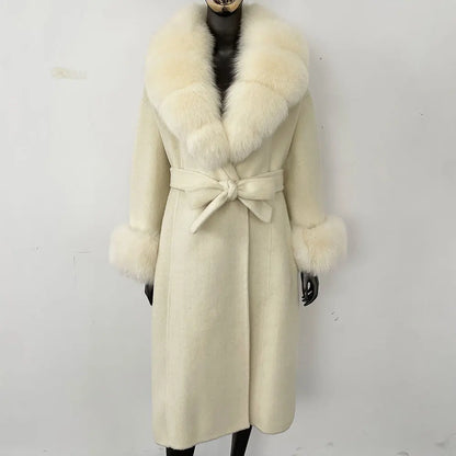 Wool Coat Women New Autumn Winter Real Fox Fur Jacket Female Long Warm Natural Fox Fur Collar Fur Cuffs