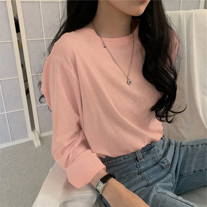 2024 Autumn Korean Fashion T-shirt Women Long Sleeve Winter Y2K Tee Shirt Femme Loose Basic Solid Clothes Women Tops Vintage