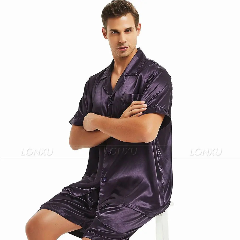 Mens Silk Satin Pajamas Pyjamas PJS  Short  Set  Sleepwear Loungewear  S,M,L,XL,2XL,3XL,4XL