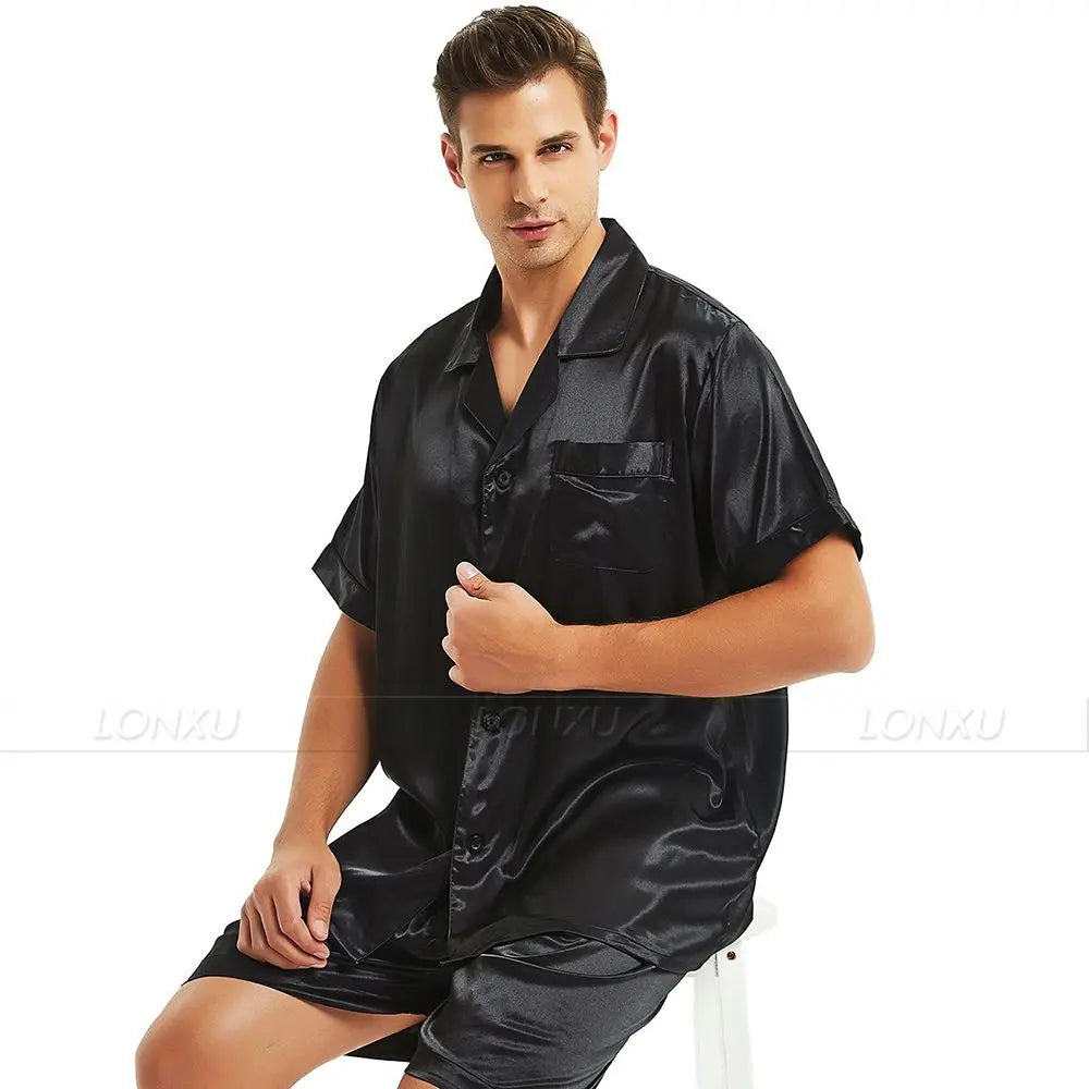 Mens Silk Satin Pajamas Pyjamas PJS  Short  Set  Sleepwear Loungewear  S,M,L,XL,2XL,3XL,4XL