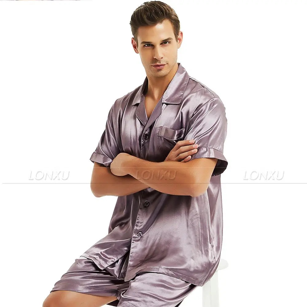 Mens Silk Satin Pajamas Pyjamas PJS  Short  Set  Sleepwear Loungewear  S,M,L,XL,2XL,3XL,4XL