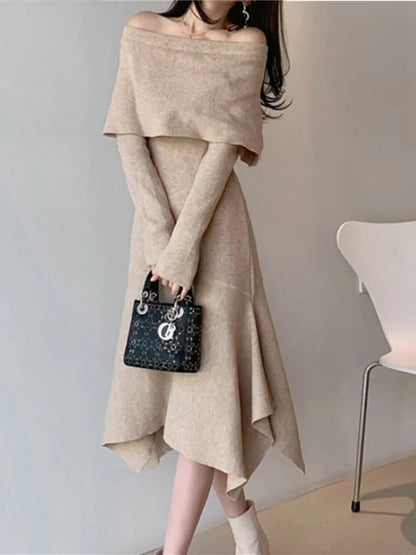 SMTHMA New Winter Warm Off-Shoulder Bodycon Sweater Dress for Women